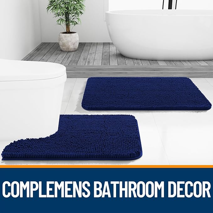 OLANLY Bathroom Rugs 35x24, Extra Soft Absorbent Chenille Bath Rugs, Rubber Backing Quick Dry, Machine Washable Bath Mats for Bathroom Floor, Tub and Shower, Home Decor Accessories, Navy