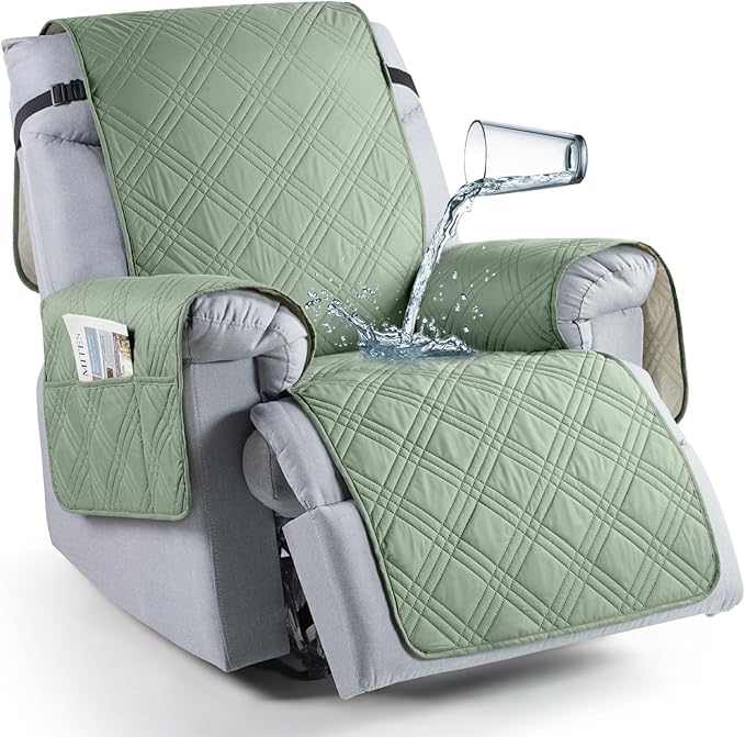 TAOCOCO 100% Waterproof Recliner Chair Cover Stay in Place, Recliner Covers for Small Recliner Chair with Pocket, Reclining Chair Cover Furniture Protector for Kids, Pets(20'', Sage Green)