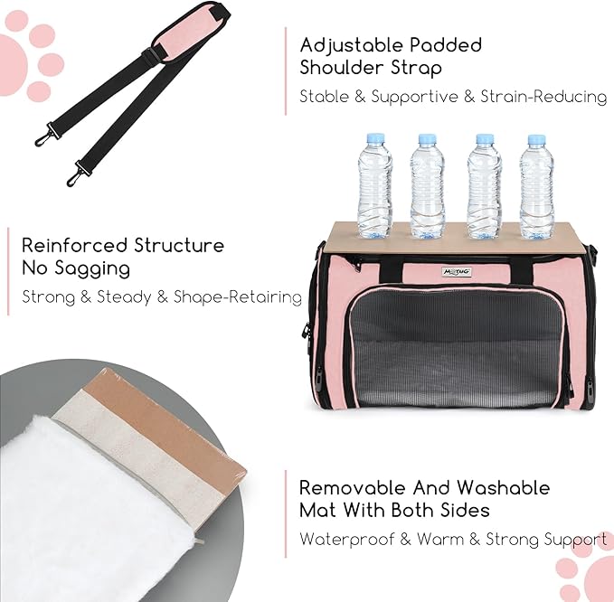Pet Carrier for Cats & Small Dogs, Travel Carrier with Anti-Collapse Support, Chew Resistant Buckles, Luggage Sleeve, Multi-Pocket Storage, Reversible Mat & Bowl (Pink, Medium (17.5"x11"x11.5"))