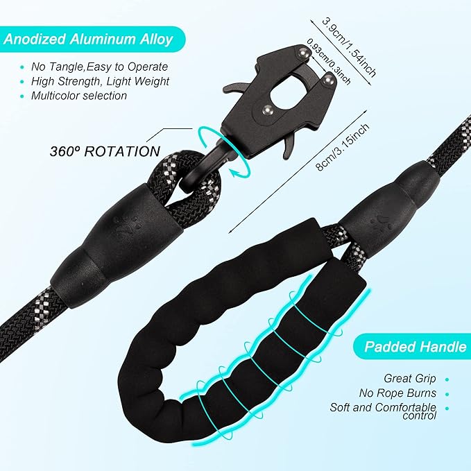 GEIT 2/4/5/6FT Dog Leash, Heavy Duty Rope Leashes, Reflective Nylon Pet Lead with Aluminum Quick Release/Locking Tactical Frog Clip for Small Medium and Large Dogs, Black, 1/2 inch