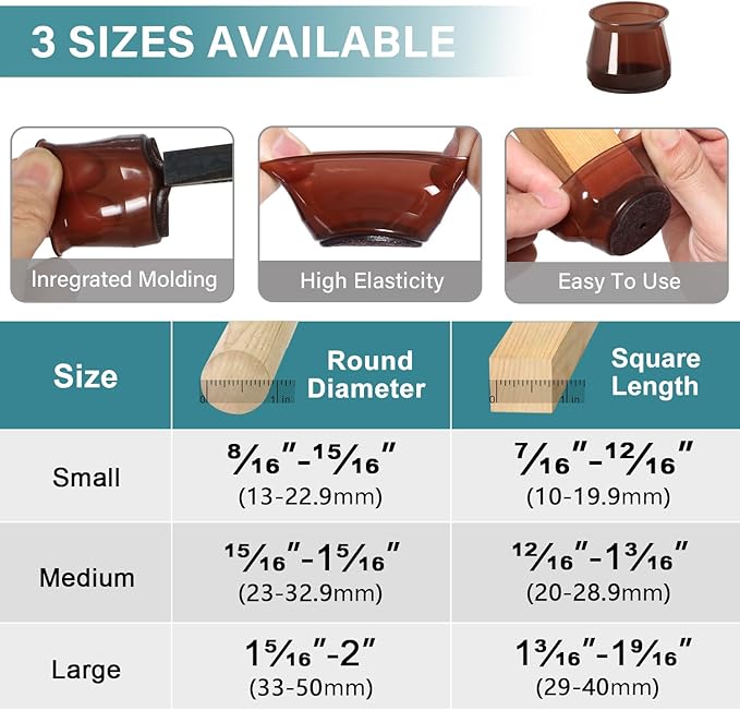 24 Pcs Chair Leg Floor Protectors Round, Silicone Felt Furniture Leg Pads Caps Covers for Hardwood Floors (Fit 15/16" to 1-5/16")