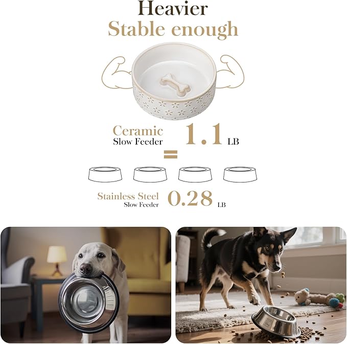 MALACASA Ceramic Dog Food Bowl, 6 Cups or 54 oz Dog Food Water Dish for Large Breeds, Pet Bowl Dishwasher & Microwave Safe, Five-Leaf Grass, Series Lydia