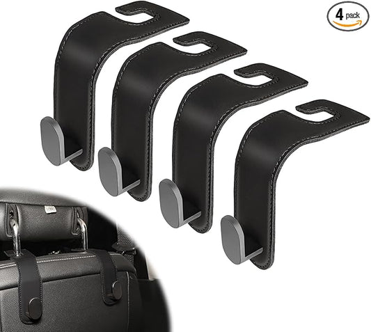 4-Pack Heavy-Duty Car Headrest Hooks, Premium PU Leather & Stainless Steel Seat Organizer for Purses, Bags, Groceries (Holds 44 lbs), Universal Fit for All Cars, Easy Installation