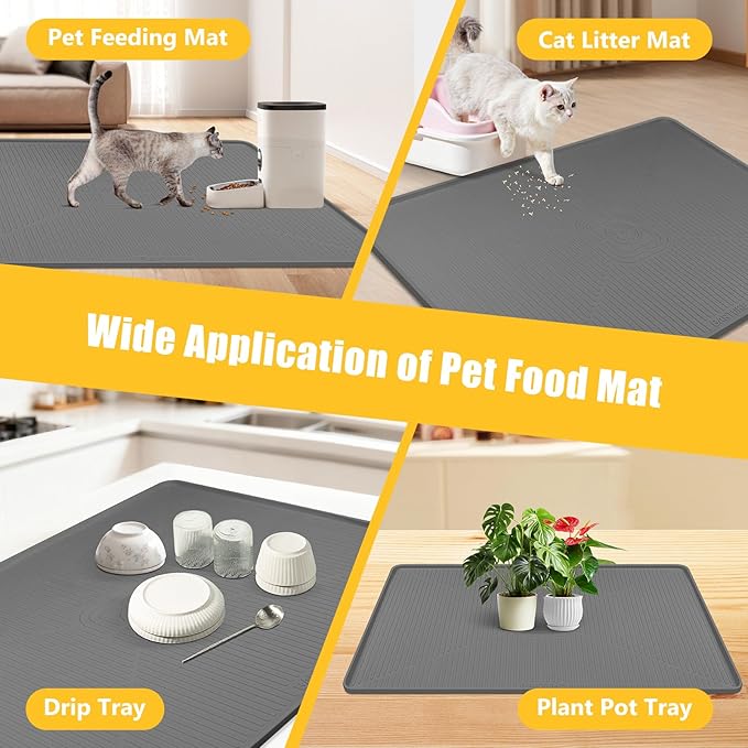 Lorvain 45" x 30" Cat Food Mat, Extra Large Silicone Pet Feeding Mat with Raised Edges, Pet Placemat for Cat Dog Food and Water Bowl Waterproof, Non-Slip, Easy to Clean, Floor Protection, Dark Grey