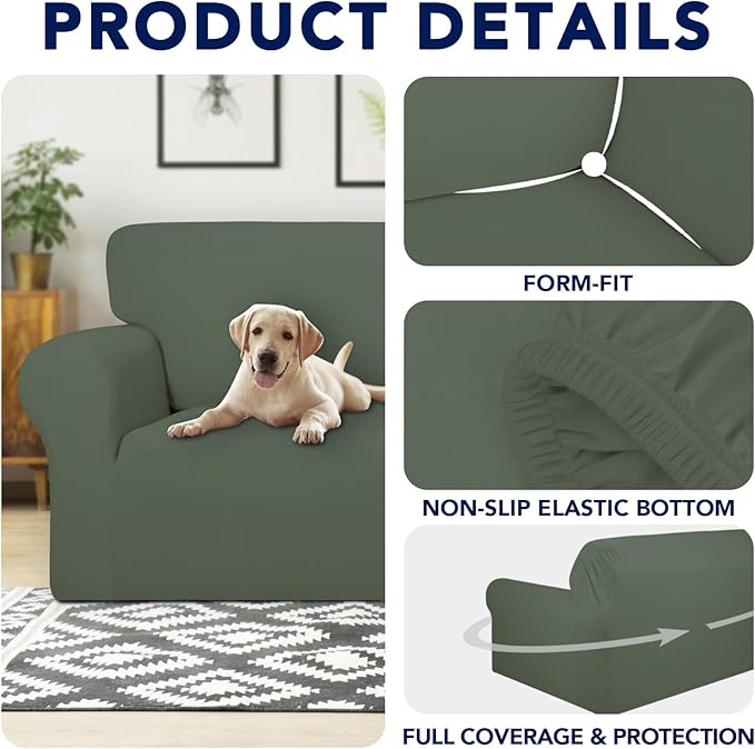 PureFit 100% Dual Waterproof Couch Cover Slipcovers for Couches and Sofas - Stretch Non Slip Fleece Sofa Covers Washable, Leakproof Furniture Protector for Kids, Pets, Dog (Chair, Greyish Green)