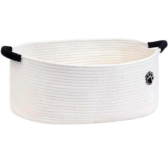 Dog Toy Basket, Toy Box and Bin for Dog Cat Storage, 19.7" X 11" X 7.9" (30L) Large Woven Basket for Blanket Storage, Rope Baskets for Living Room, Bedroom, White