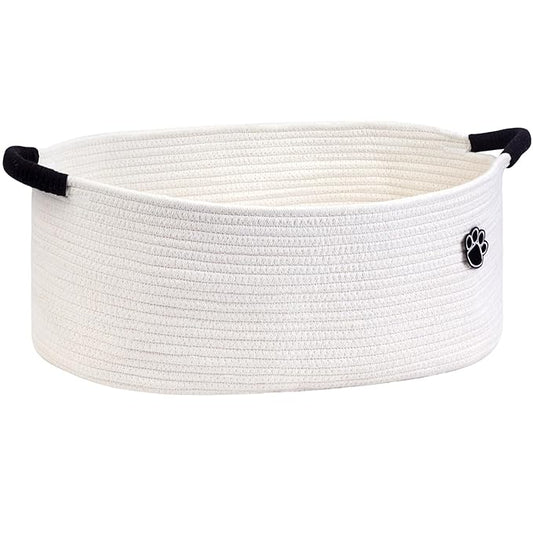 Dog Toy Basket, Toy Box and Bin for Dog Cat Storage, 19.7" X 11" X 7.9" (30L) Large Woven Basket for Blanket Storage, Rope Baskets for Living Room, Bedroom, White