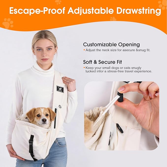 Pet Sling Carrier for Small Dogs and Cats 5-20lbs, Dog Sling with Adjustable Depth, Breathable Air Mesh Puppy Travel Bag, Water Resistant Fabric, Double Safety Leash, Machine Washable,Apricot