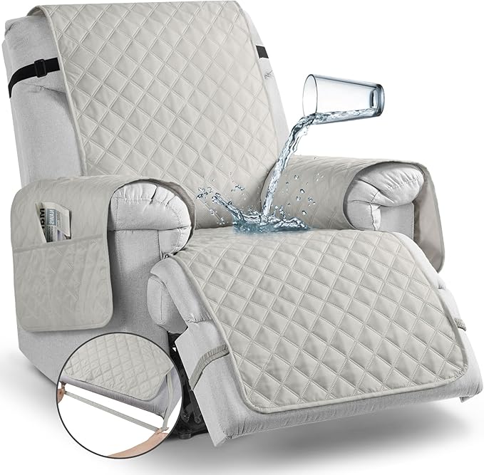 TAOCOCO 100% Waterproof Recliner Chair Cover Non-Slip Reclining Cover for Recliner Chair Washable Chair Seat Cover with Elastic Straps for Pets Sofa Slipcover with Pocket (Small 23'', Off White)