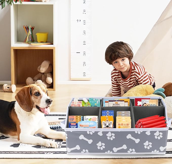 Collapsible Fabric Storage Box for Pet Treats with Dividers - Dog Treat Container Bin - Bone Paw Print