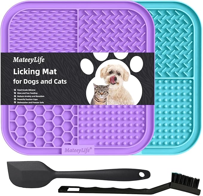 MateeyLife 2PCS Large Lick Mat for Dogs and Cats, Licking Mats for Dog Anxiety Relief, Cat Peanut Butter Lick Pad for Boredom Reducer, Dog Treat Mat Perfect for Bathing Grooming Purple&Light Blue