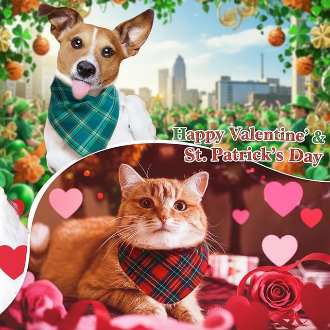 Abbylike 100 Pcs Valentine's & St. Patrick's Day Dog Bandanas Bulk Red & Green Plaid Bandanas for Dogs Triangle Kerchief Bib Scarf for Pet Holiday Costume Photo Props Accessories (19.7 x 13.8 x 13.8)