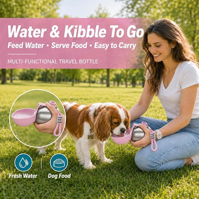 Portable Dog Water Bottle, 10 oz Stainless Steel Pet Travel Dispenser with Silicone Foldable Bowl, Leak Proof Tumbler, Dog Walking Accessories for Hiking and Small Pets (Pink)