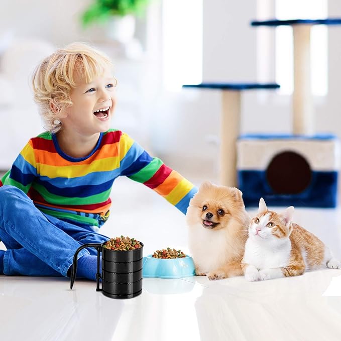 Pet Food Scoop, Dog Food Cups, Plastic Food Scoop with Measuring Lines, (Includes 1 C, 3/4 C, 1/2 C, 1/4 C), Pet Food Measuring Cups for Dog, Cat or Bird Food, Injection Molded and Dishwasher Safe (Black)