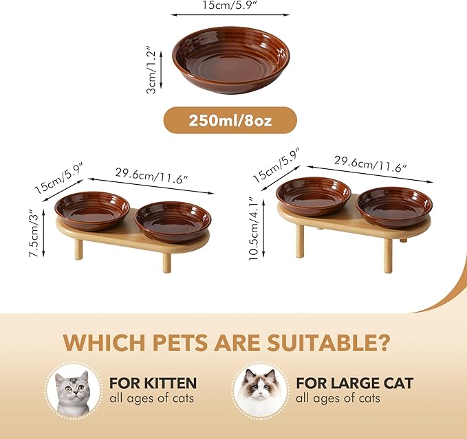 Elevated Ceramic Cat Dish, Wide Whisker Friendly Anti-Slip Food & Water Bowl with 2 Heights Adjustable Stand - Pet Bowl Set for Cats (2 Dishes +Stand, Caramel Brown)