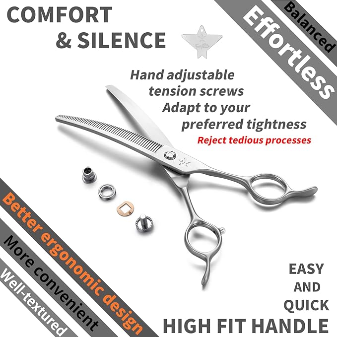 High-end Professional Dog Grooming Curved Thinning Scissors Teeth Blending Shears Pet Texturizing Thinner Blender Shears 7 Inch Extremely Very Sharp Made Of Stainless Steel Alloy For Dog Cat Groomer