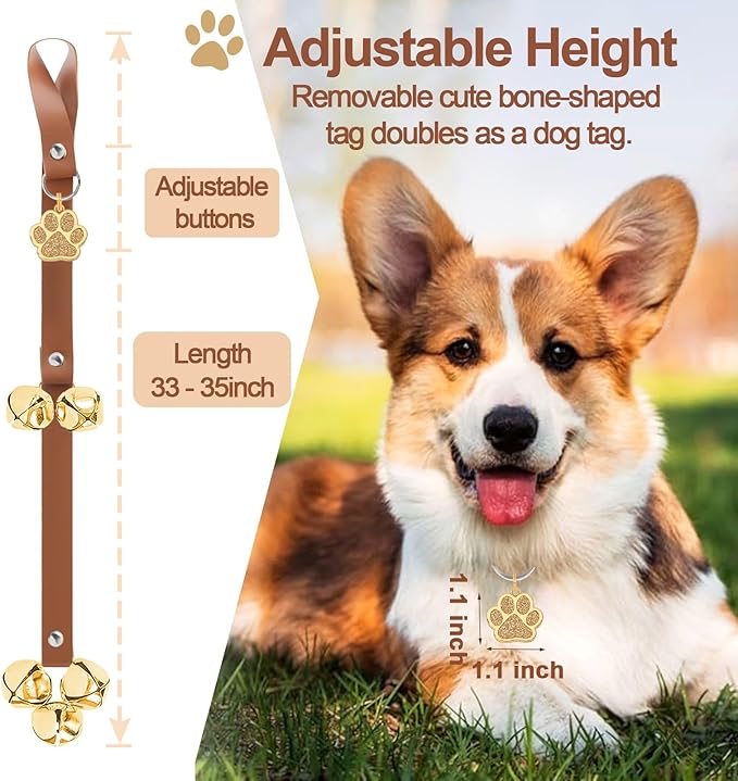Leather Dog Bells, Puppy Potty Training Bell Dog Doorbell Potty Train Dog Bell for Potty Training Door Bells for Dogs to Ring to Go Outside Jingle Bells (Leather Brown, Paw 1 PCS)