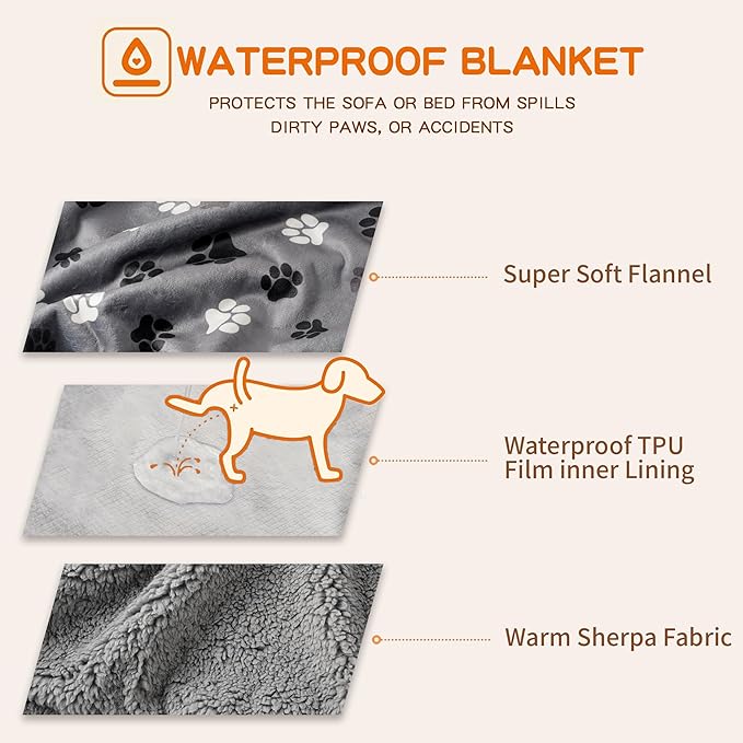 CAPT.SNOOZE Waterproof Dog Blankets Pet Blanket, 30"x40" Cat Blanket for Indoor Cats, Soft Fluffy Sofa Car Bed Protector, Reversible Sherpa Fleece Puppy Blanket for Small Medium Dogs (Dark Grey-Paws)