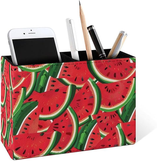 Famame Red Seamless Watermelons Pencil Holder for Desk, Leather Desktop Container Pen Cup Storage Study Table Pen Organizer Makeup Brush Holder for Classroom Office Home