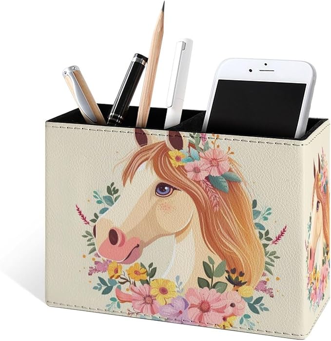 Famame Cartoon White Horse Wreath Pencil Holder for Desk, Leather Desktop Container Pen Cup Storage Study Table Pen Organizer Makeup Brush Holder for Classroom Office Home