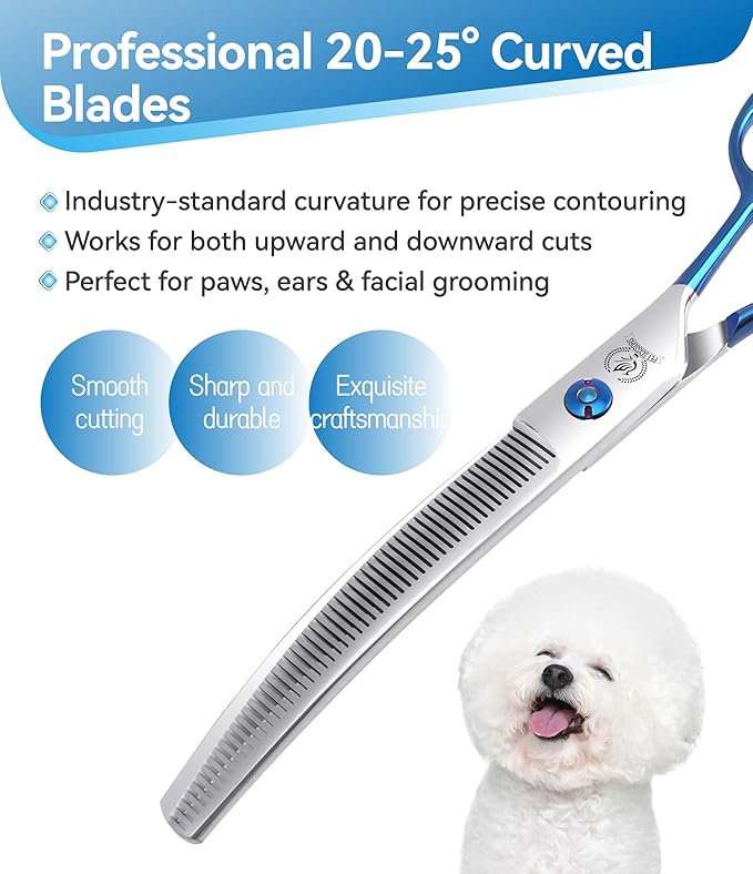 Fenice Peak Curved Thinning Shears Dog Grooming with Coating 440C Stainless Steel, 7 inch Professional Thinning Shears for Dogs，25 Degree of Curved Blade，Durable Smooth Motion & Cut for Dogs and Cats