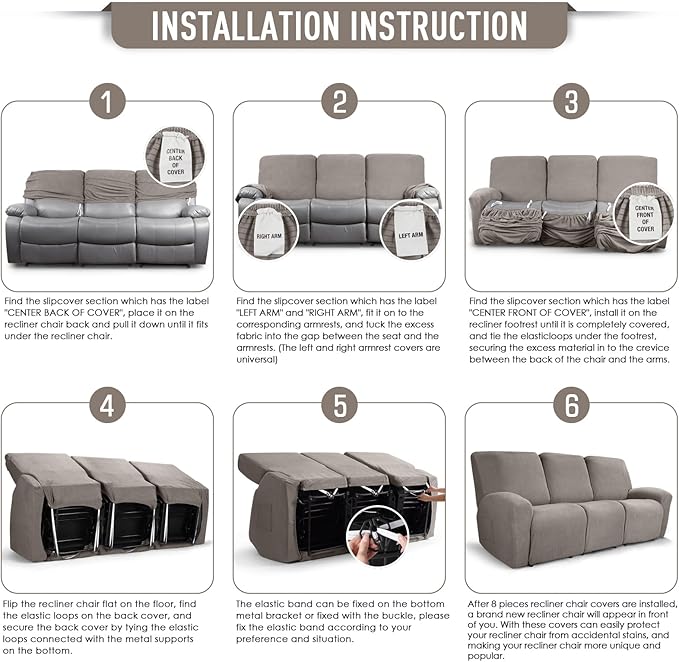 TAOCOCO Recliner Sofa Covers 8-Pieces Stretch Large Couch Covers for 3 Seats Reclining Slipcovers Soft Jacquard Pattern Furniture Protector (Pale Brown)