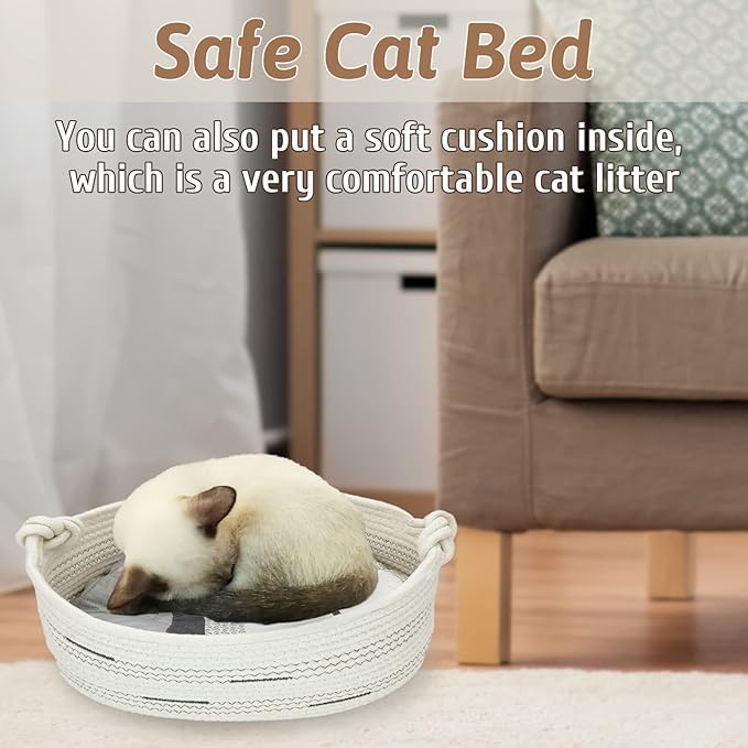 Fhiny Cotton Rope Dog Toy Basket with Handle Puppy Toys Storage Bin Small Woven Rectangle Diapers Pet Kitty Bed Perfect for Carry Pet Chew Toys Blankets Leashes Doggie Stuff - Beige S