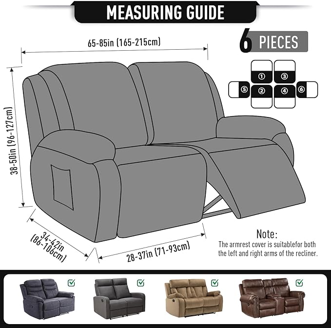 TAOCOCO Recliner Loveseat Slipcover, 6 Pieces Dual Recliner Sofa Covers for 2 Seat Dual Reclining Loveseat Couch, Stretch Soft Jacquard Pattern Furniture Protector with Elasticity (2XL, Black)