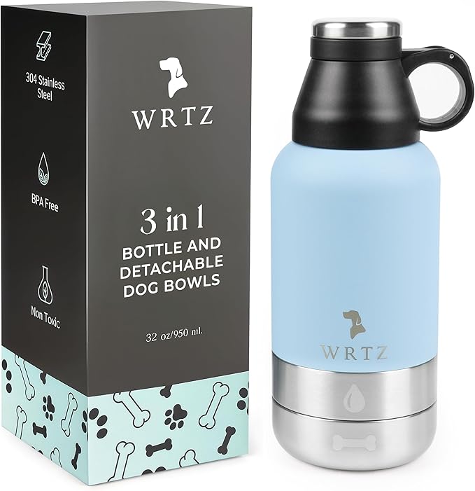 Stainless Steel Insulated Water Bottle with 2 Removable Water Bowls for Dogs – Leak-Proof Portable Dog Water Bottle - Travel Accessories for Dogs - 32oz - Blue