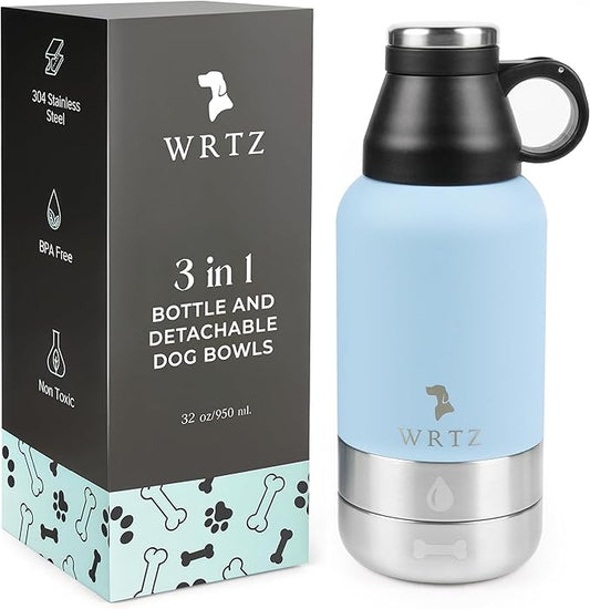 Stainless Steel Insulated Water Bottle with 2 Removable Water Bowls for Dogs – Leak-Proof Portable Dog Water Bottle - Travel Accessories for Dogs - 32oz - Blue