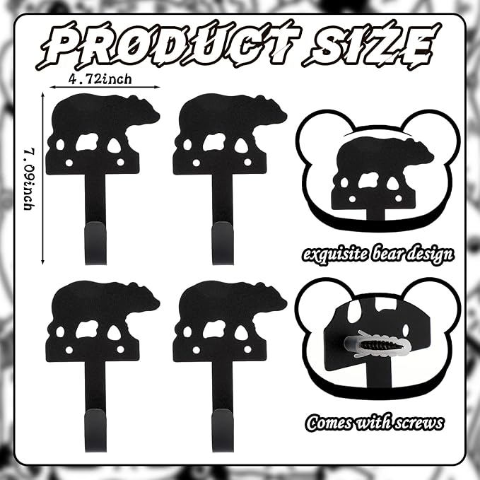 4 pcs Metal Bear Hooks Wall Mount Iron Black Decorative Wall Mounted Coat Hooks Cute Animal Key Hanger Decor for Dog Leashes, Towels, Hats