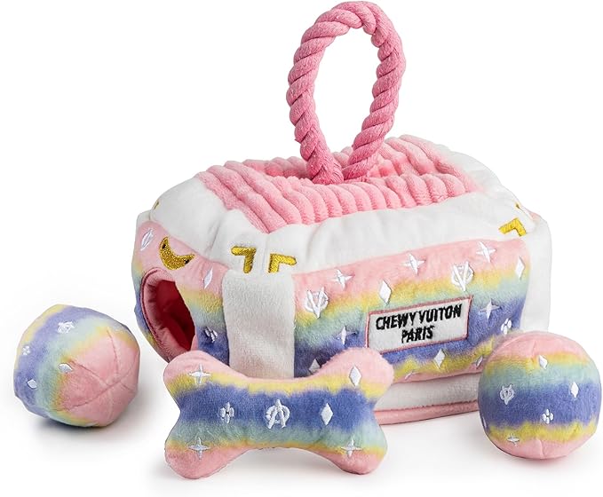 Haute Diggity Dog Pink Ombre Chewy Vuiton Trunk, Plush Designer Dog Toys with Interactive Squeaker, Stimulating Pet Enrichment, Machine-Washable & Safe Materials for All Breeds