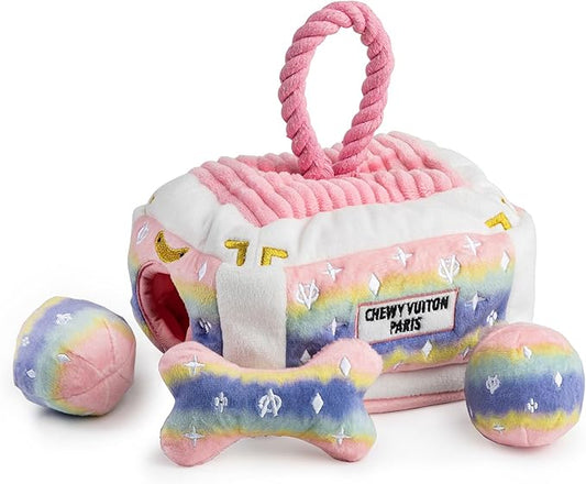 Haute Diggity Dog Pink Ombre Chewy Vuiton Trunk, Plush Designer Dog Toys with Interactive Squeaker, Stimulating Pet Enrichment, Machine-Washable & Safe Materials for All Breeds