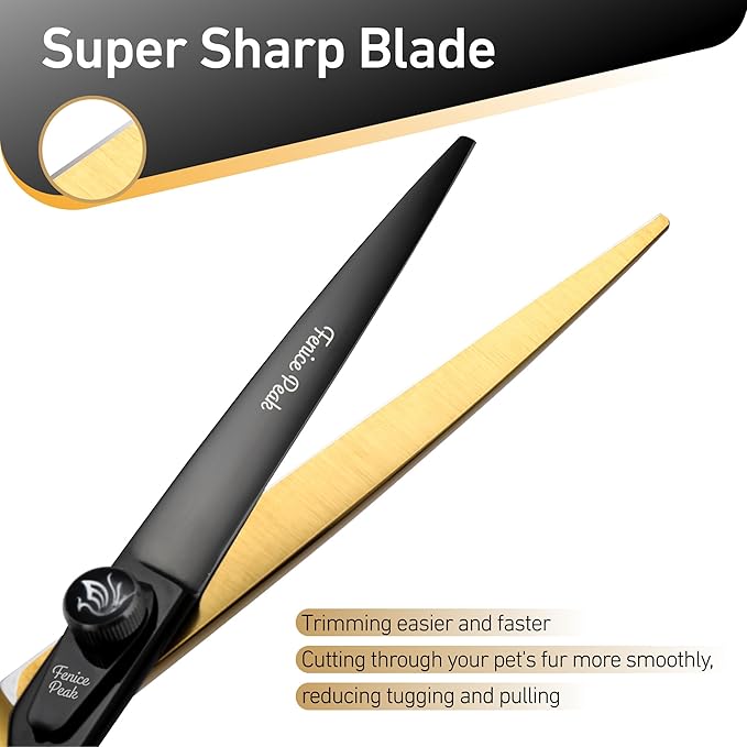 Fenice Peak 8'' Black Dog Grooming Scissors Goldern Straight Shears with Ergonomic Offest Handle and Pattern Screw Pet Grooming Trimming Shears Durable and Sharp 440C