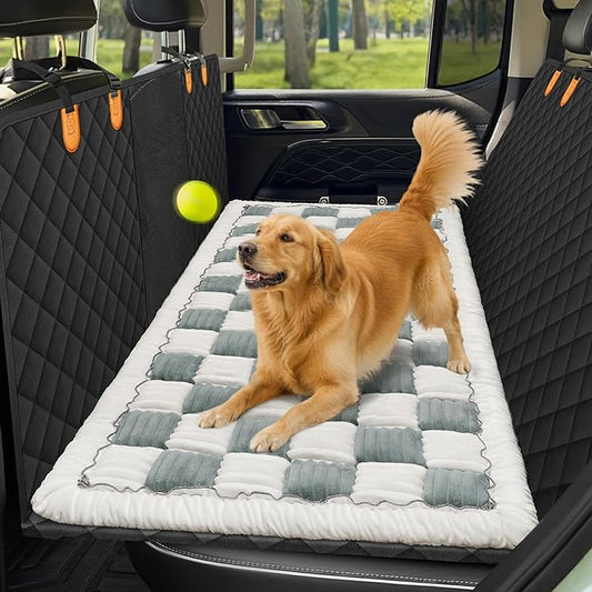 Npetrsnug Backseat Pet Bed Mat, Non-Slip Plaid Dog Bed for Car Back Seat, Flannel Backseat Dog Bed, Fit for Backseat Extenders and Trucks SUVs (Bluegrey&White, 24.8x54 inch)