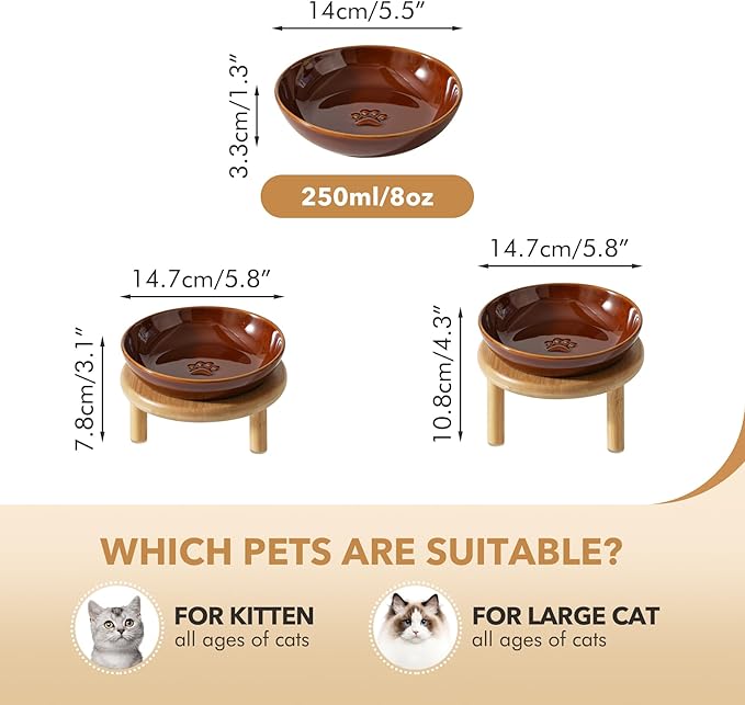 2 Sets of Elevated Ceramic Paw Print Cat Dish, Wide Whisker Friendly Anti-Slip Food & Water Bowl with 2 Heights Adjustable Stands - Pet Bowl Set for Cats (2 Dishes +2 Stands, Caramel Brown)