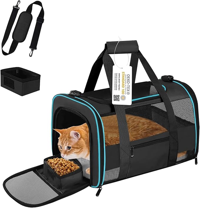 17" Soft-Sided Pet Travel Carrier for Cats and Small Dogs, Airline - Approved, Travel Tote with Mesh Windows, Foldable Bowl, Shoulder Strap, Black