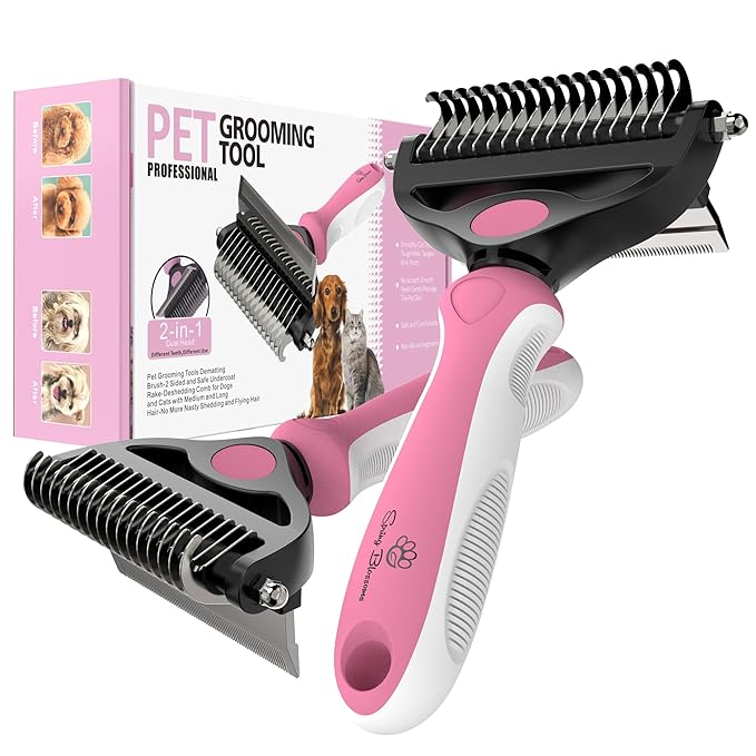 Spring Blossoms-2 in 1 Professional Grooming Rake for Cats & Dogs-Dematting Comb for Easy Mats & Tangles Removing,Pet Brush Safe No More Nasty Shedding and Flying Hair (Purple)