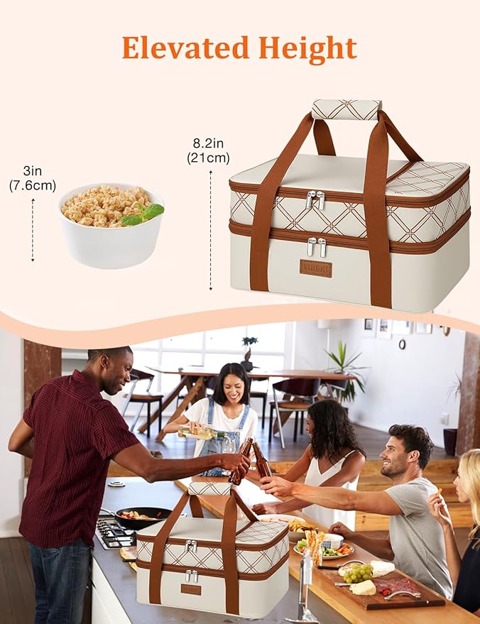 Vuudh Expandable Casserole Carrier Bag, Double Deckered Insulated Food Bag for 2 Dishes, Hot Cold Lasagna Holder Tote for Picnic, Potluck, Travel