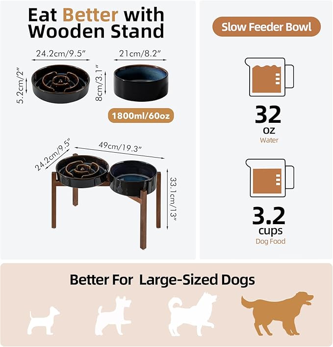 Ceramic 3.2 Cup Raised Slow Feeder Dog Bowl Set, Elevated 8.2inch Bowl and 9.5inch Dish with Acacia Wood Stand for Large Dog, Stop Bloat(2 x Starry Sky+ Stand)