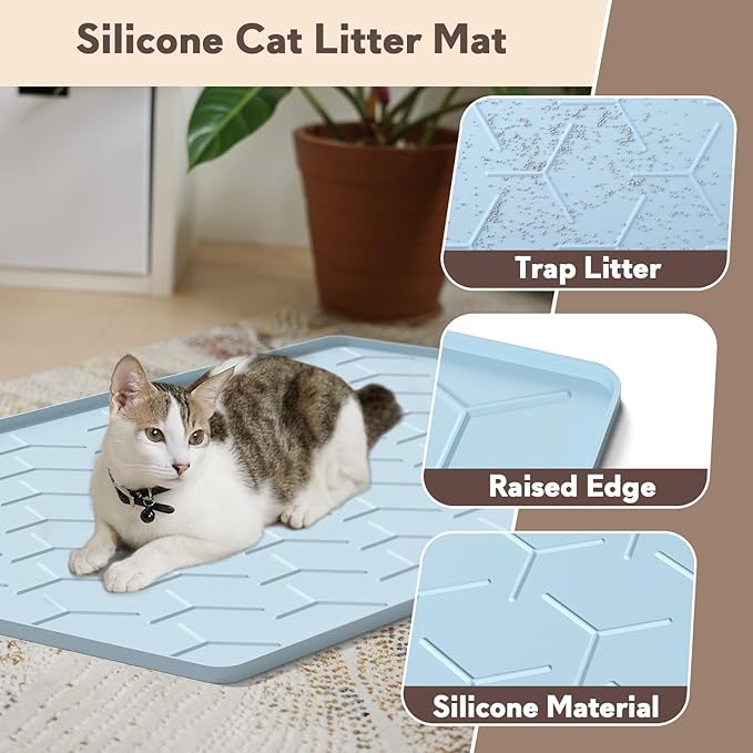 Garoopion Silicone Cat Litter Trapping Mat, Large Waterproof 34" X 22" Cat Litter Box Mat, Easy to Clean, Blue