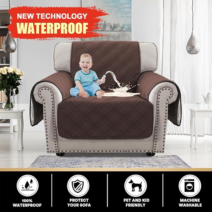 PrinceDeco 100% Waterproof Chair Sofa Slipcover for Living Room Water Resistant Couch Cover Furniture Protector Cover with Elastic Straps for Pets Kids Children Dog Cat(Chair 23", Brown)