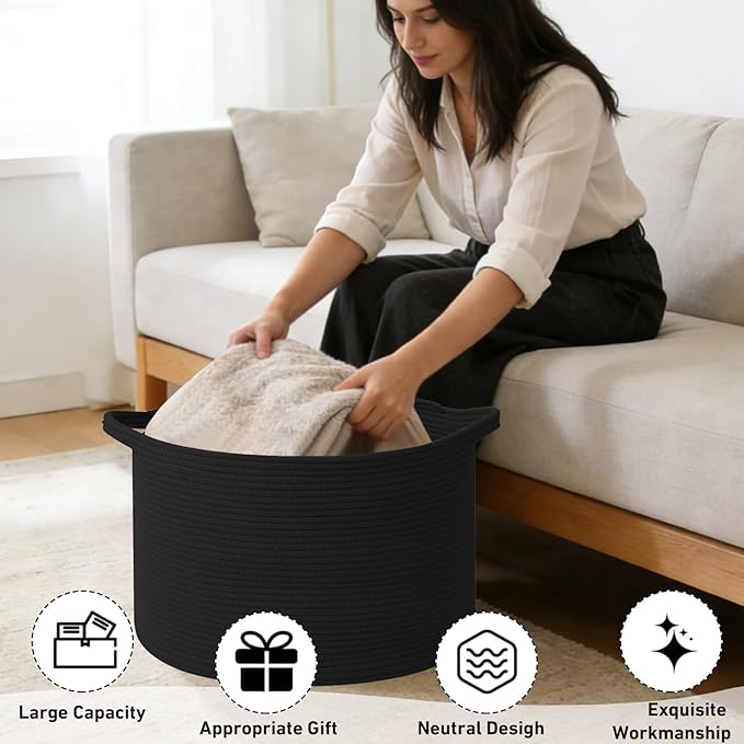 65L Extra Large Woven Cotton Rope Blanket Basket with Handles, Laundry Hamper Storage Bin for Pillows, Comforters,Clothes, Toys, Nursery, Bedroom and Living Room Organization,Black