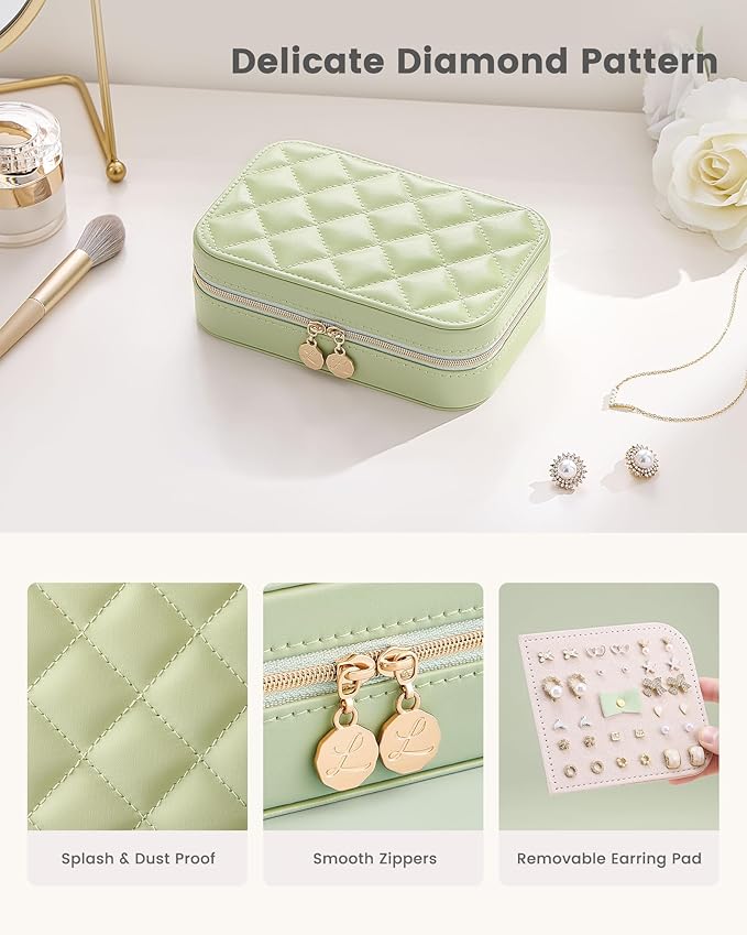 Lolalet Travel Jewelry Case for Women Girls, Travel Jewelry Organizer with Clear Storage Bag Small Portable Jewelry Box for Necklace Bracelet Earring Ring Valentines Bridesmaid Gifts -Medium/Green