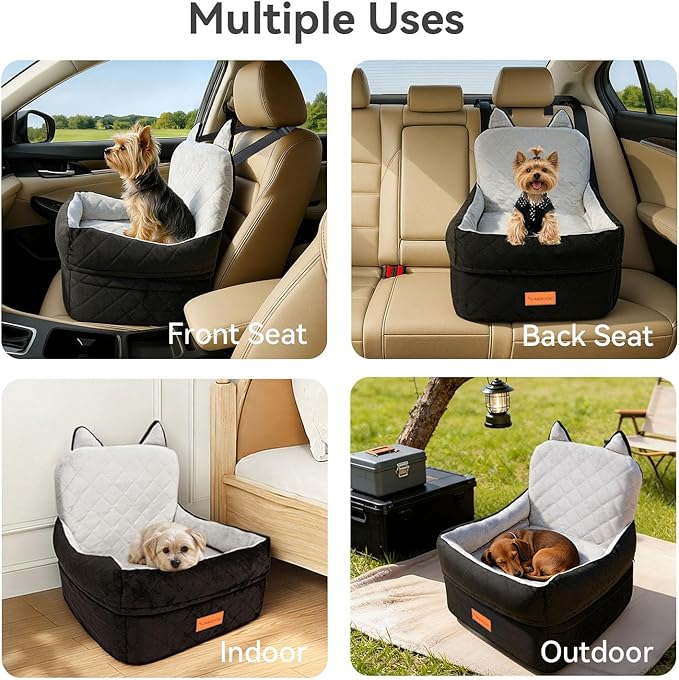 CABZOON Dog Car Seat for Small/Medium Dogs Up to 35lbs,Elevated Cushion Fits in Front/Back Seat,Travel Safety Per Car Bed with Washable Removable Cover, Storage 2 Pockets Black-Grey