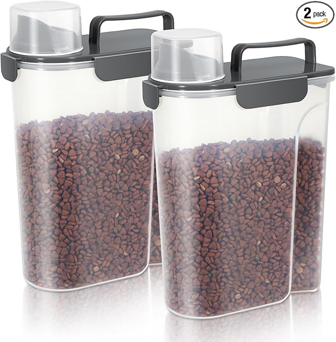 LEAWALK 5-7Lbs Cat Dog Storage Container, Portable Pet Food Containers with Upgraded Large Spout and Cup, Small Animal Kibble Dispenser for Bird Seed, Oatmeal, Rice, Flour (2, Dark Gray, 5L)