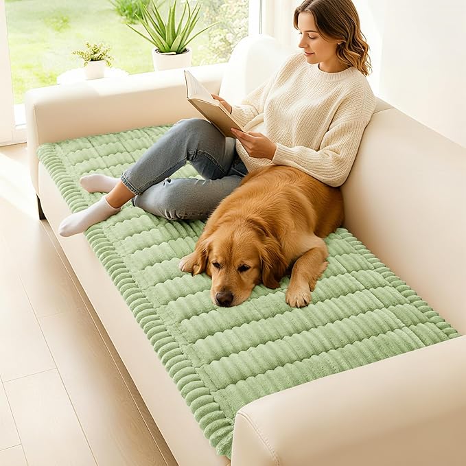 hyha Couch Covers for Dogs Washable, Non Slip Plush Dog Sofa Protectors, Fuzzy Pet Couch Covers for 3 Cushion Sofa Pet Friendly (Green, 27.6" x 27.6")