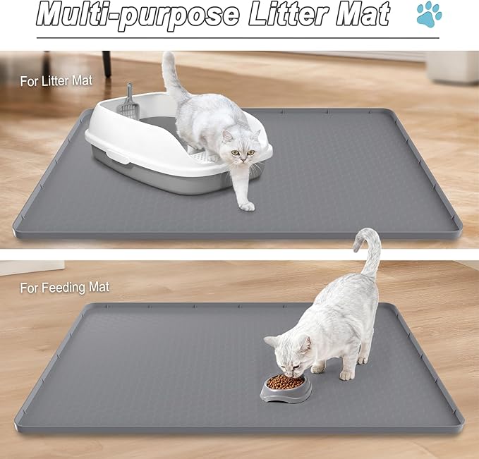 TIMOHCR Cat Litter Mat 34" X 22", Cat Litter Box Mats Waterproof Silicone Pad for Floor Pee Pad Tray Holder with Complimentary 6 Clamps