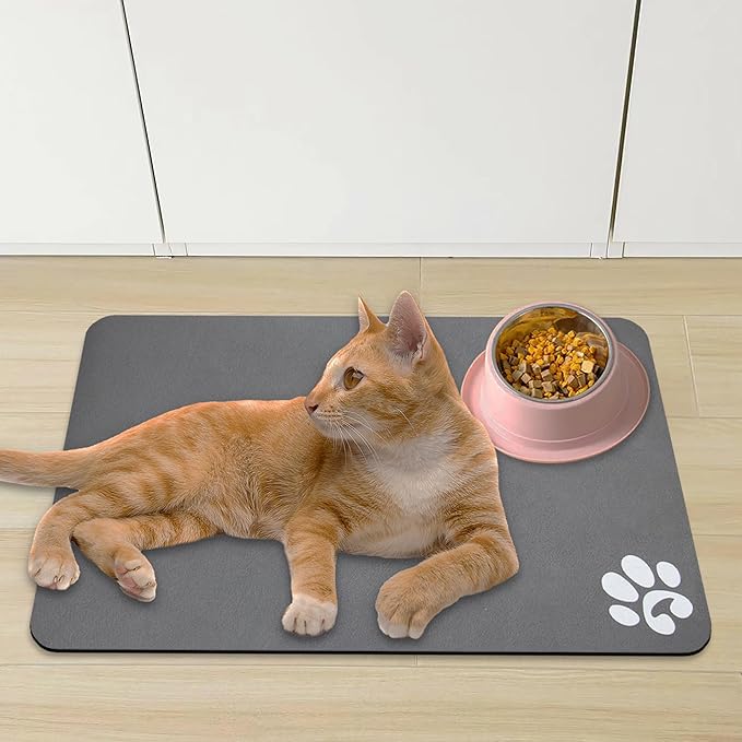 YCT Pet Cat Food Mats - Non Slip Super Absorbent, with Footprints Logo, 24 x 16.9 inches, Dark Gray