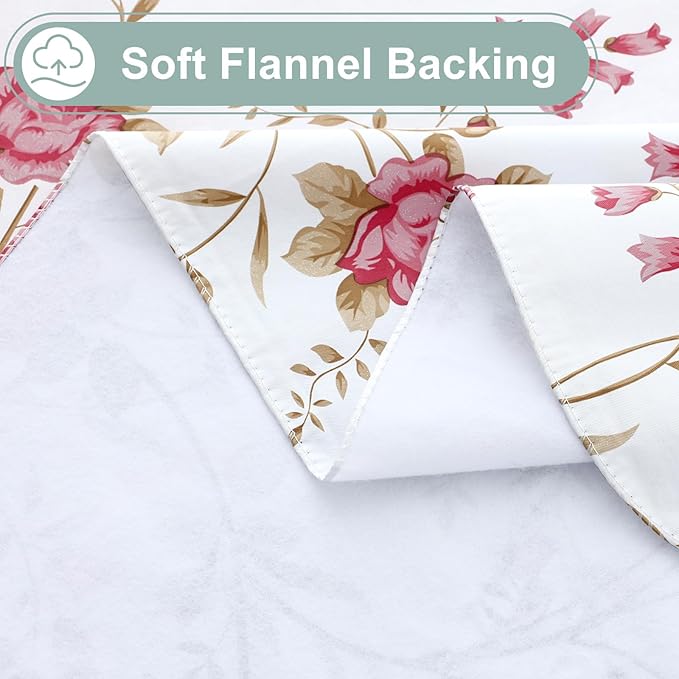 misaya Rectangle Waterproof Vinyl Table Cloth, Plastic Tablecloth with Flannel Backing, Wipeable Table Cover for Dinner, Picnic, Indoor and Outdoor (Pink Flowers, 60" x 102")